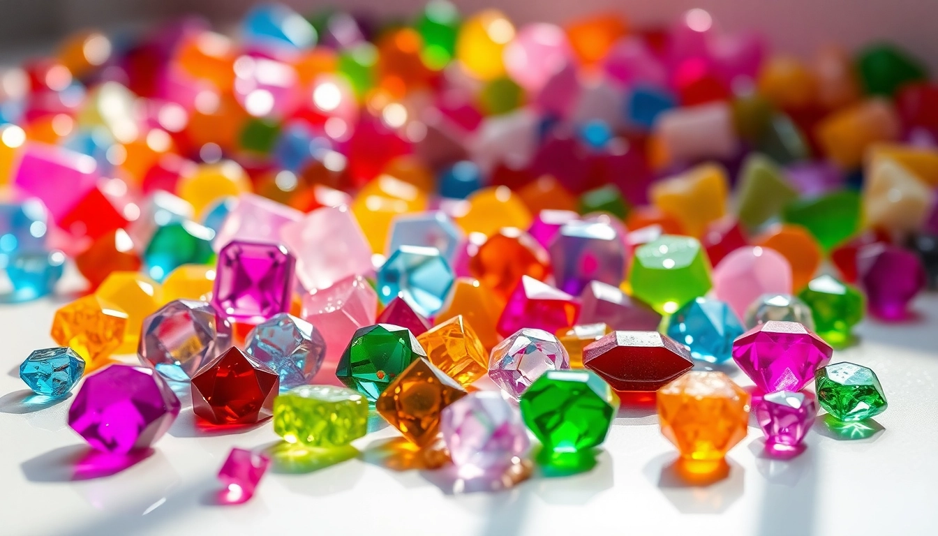 Indulge in crystal candy, showcasing an array of colorful, gem-like sweets glistening under soft light.