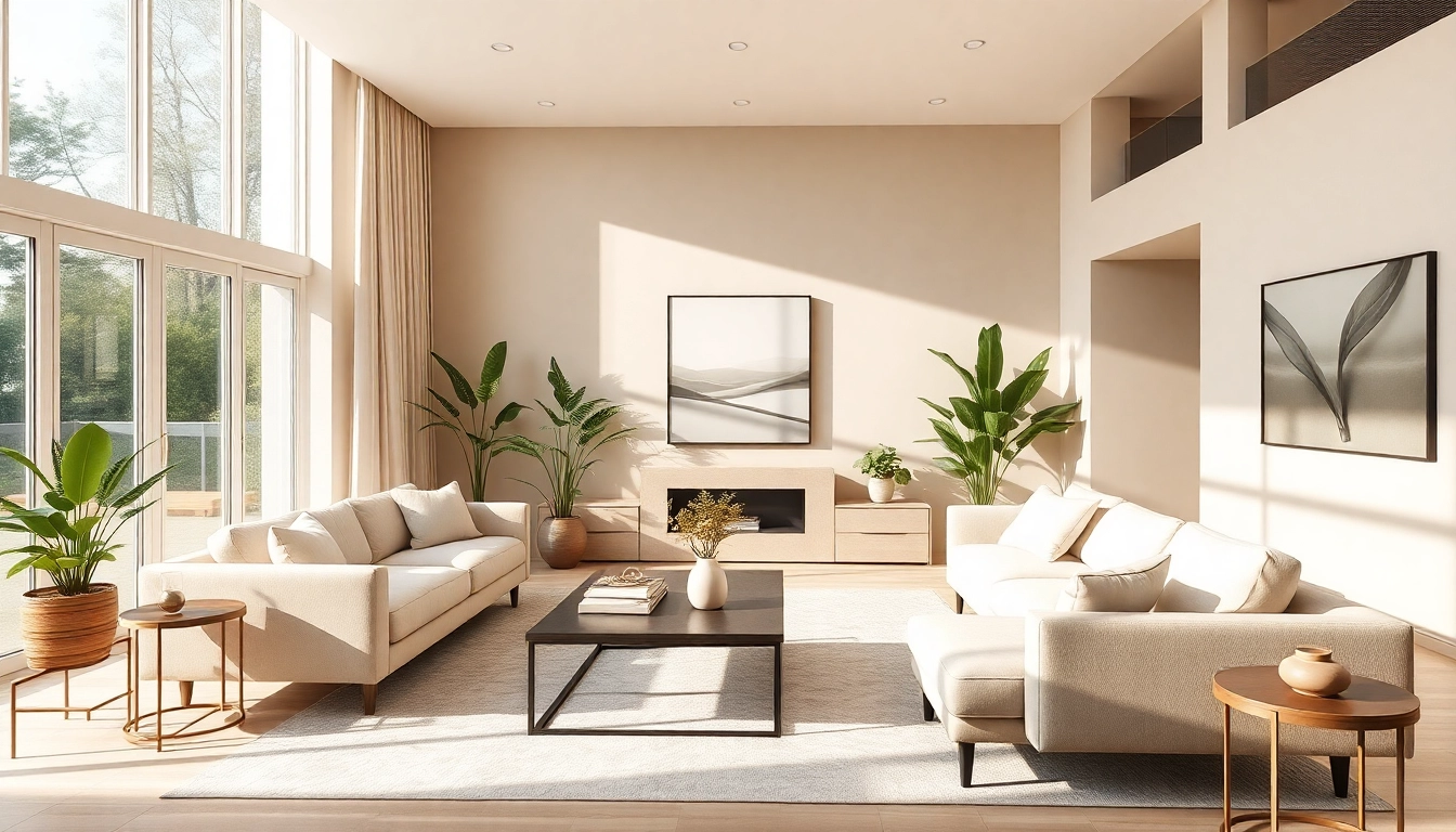 Transform the entire interior of a living room with modern designs and warm colors.