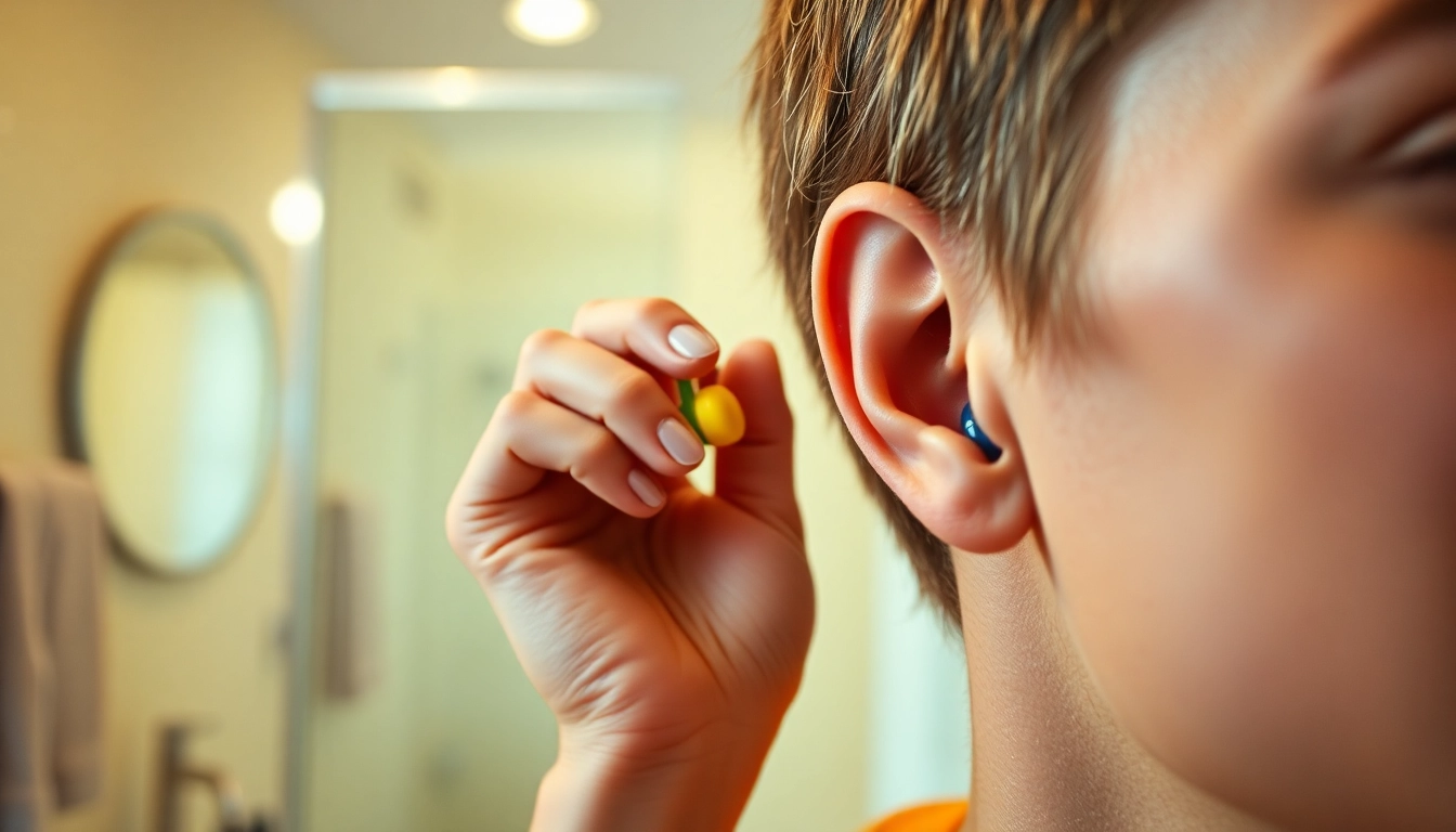 Person inserting an ear plug in ear, showcasing comfort and style in a vibrant setting.