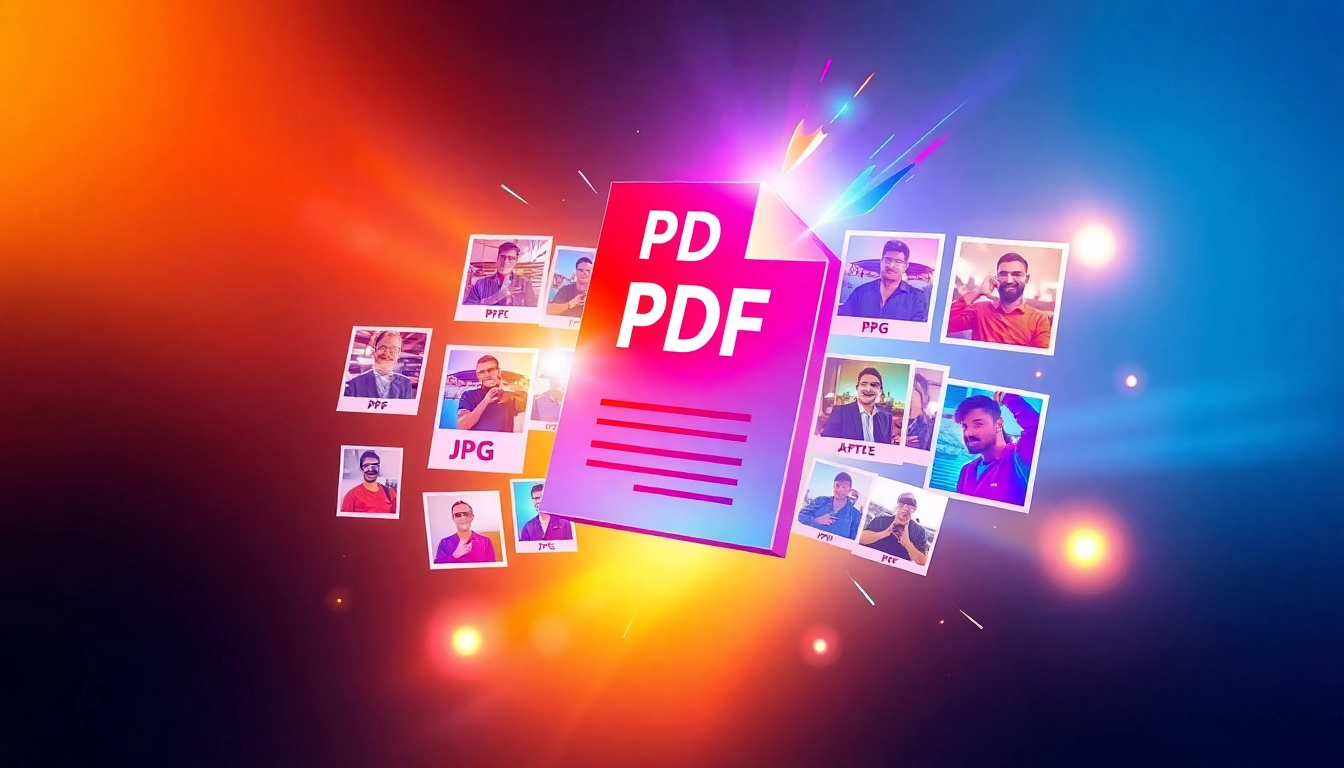 Convert PDF to image conversion, showcasing dynamic transformation of a PDF file into multiple colorful JPG images.