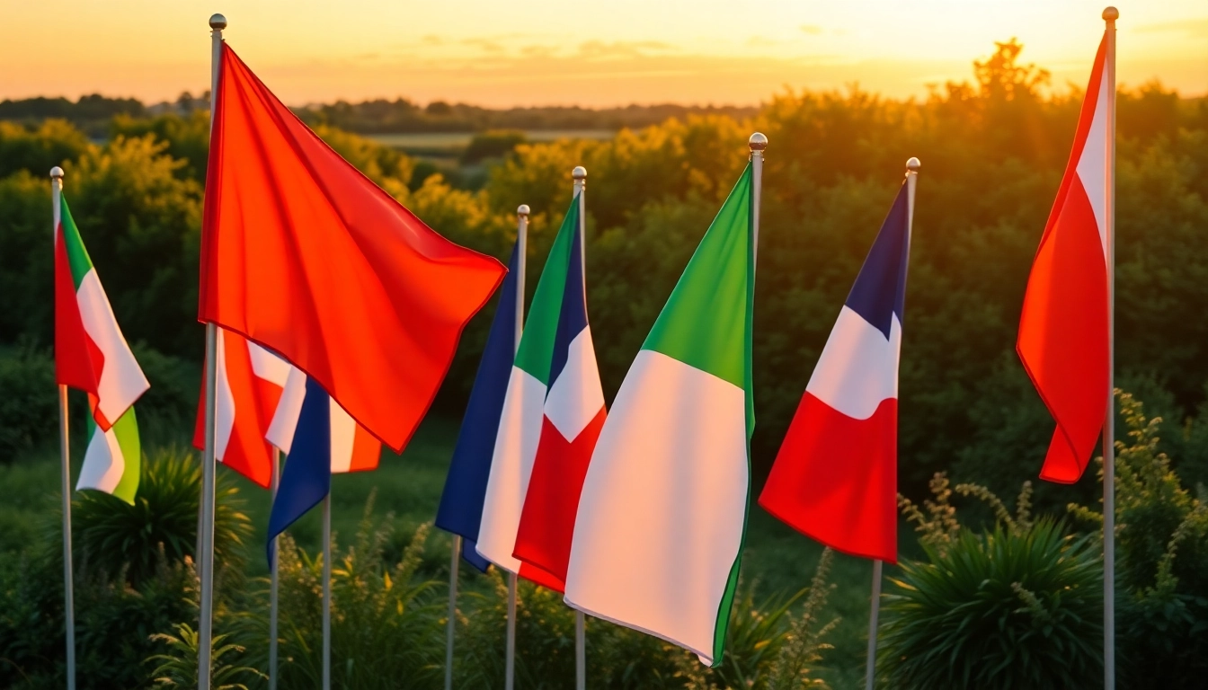 Showcase of custom flags Ireland fluttering in a picturesque outdoor setting.