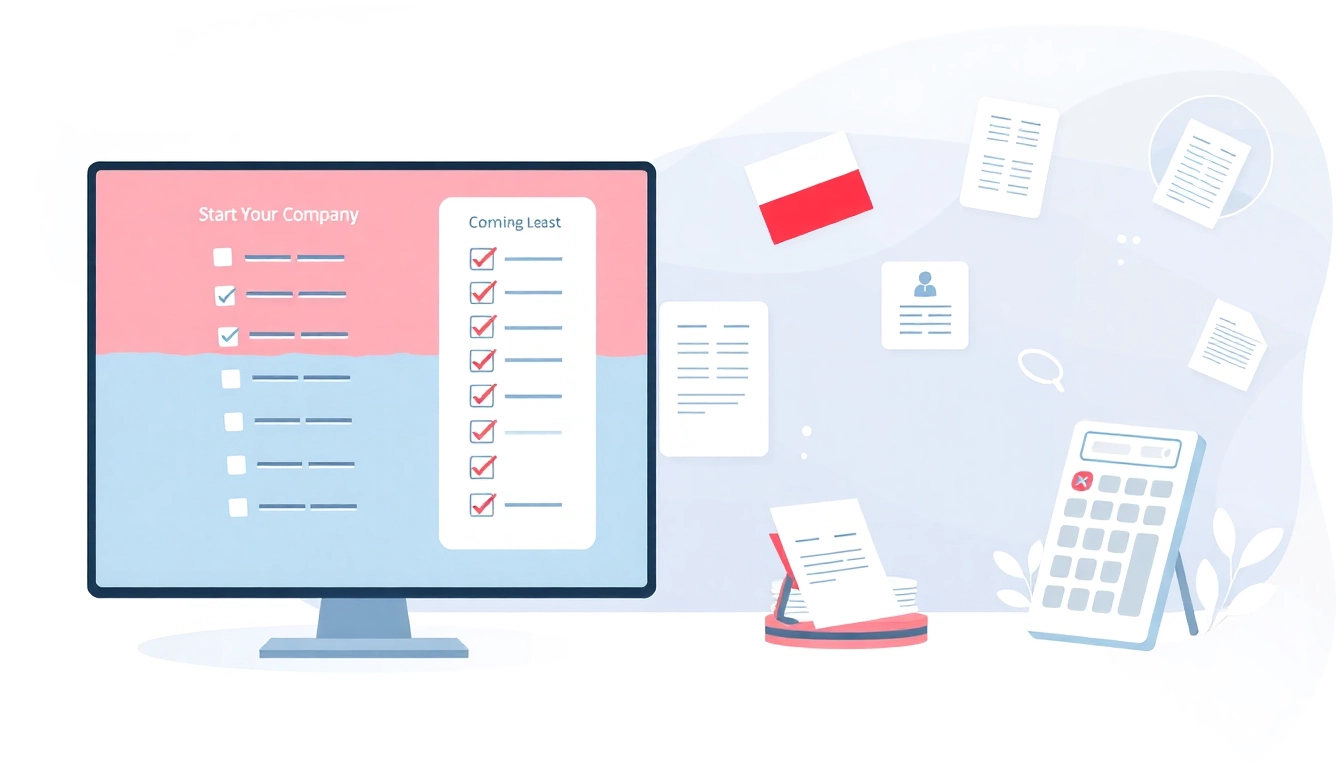 Guide to Polonya'da Şirket Açmak, showcasing key steps with legal documents and a calculator.