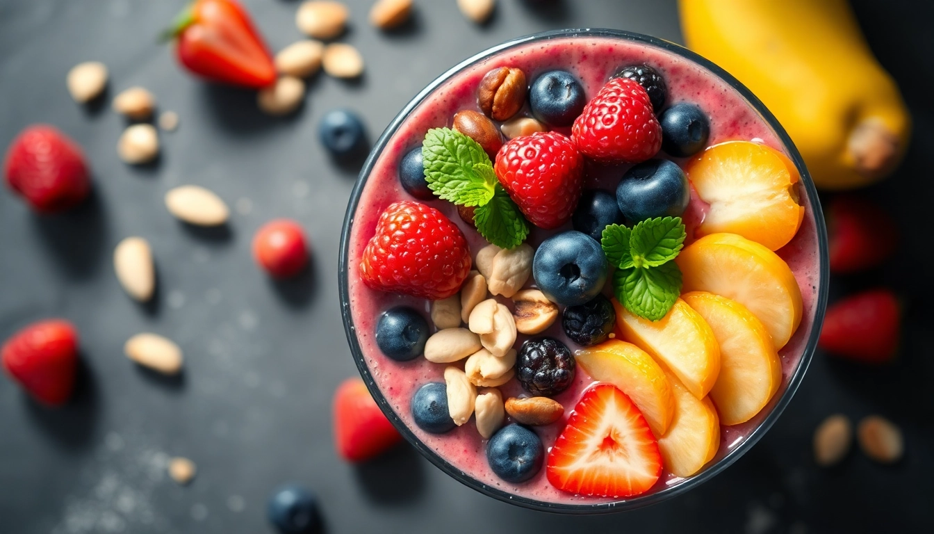 Bright smoothie bowl with antioxidants-rich berries and nuts for healthy living.