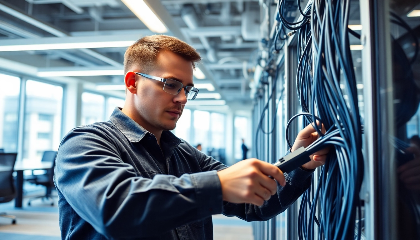 Technician performing a Data Cable Installation service in a bright, organized office setting.