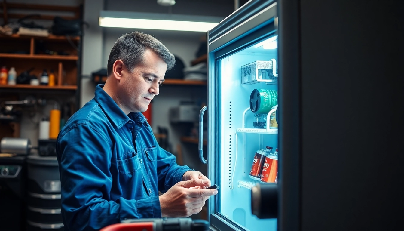 Skilled technician performing soda cooler repair with specialized tools on a modern workbench.