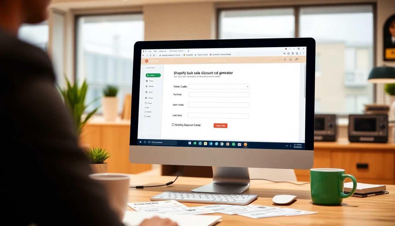 Shopify bulk discount code generator interface showcased in a modern workspace.