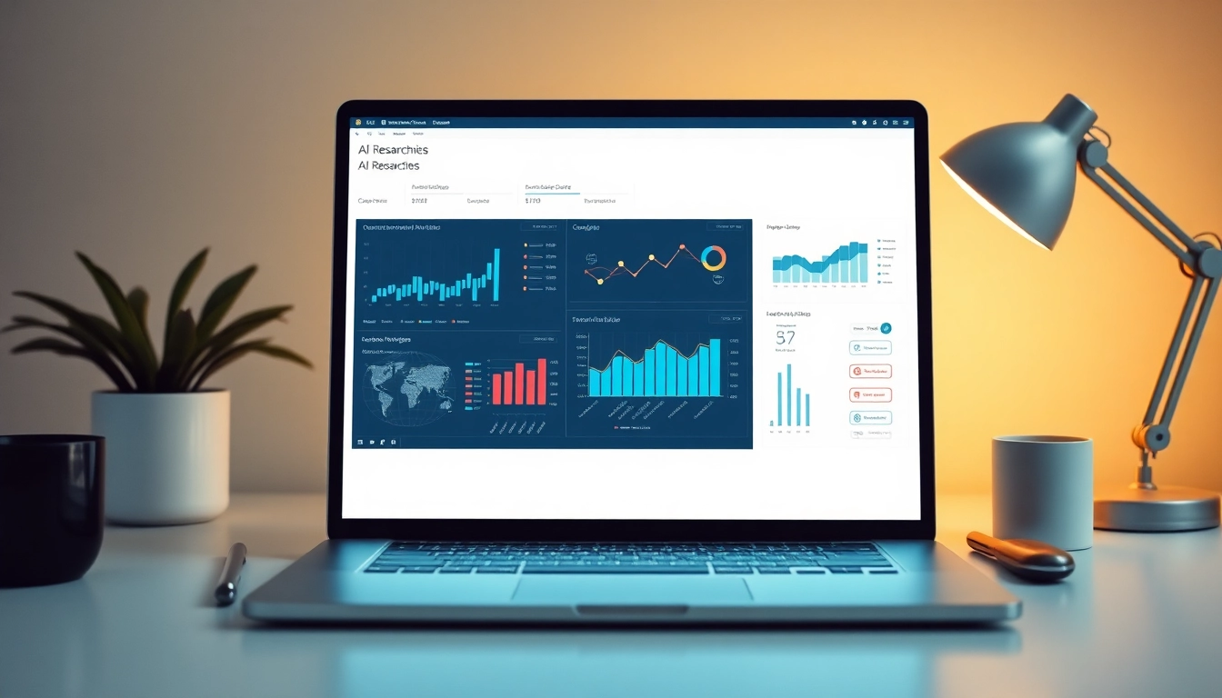 Visualize the concept of AI Opinion search by illustrating a researcher utilizing cutting-edge AI tools at a desk.