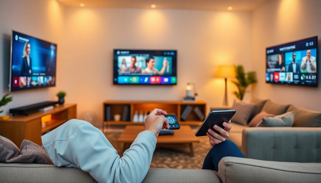 Experience the diverse channels available in a free iptv trial, with a user enjoying content on a smart device in a cozy setting.