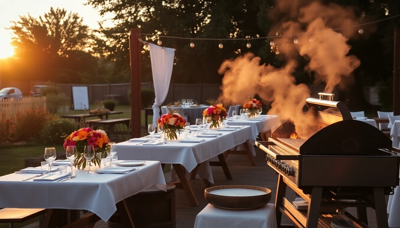 Hochzeit Grill Catering für Berlin with an elegant outdoor setup featuring tables, flowers, and a grill.