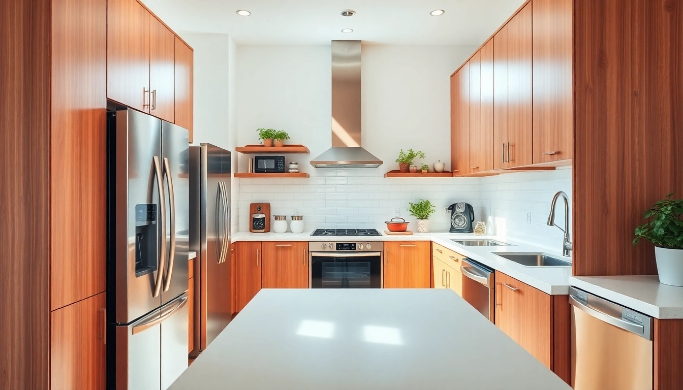 Showcase affordable kitchen appliances in a modern kitchen setting with stainless steel finishes and warm wood accents.