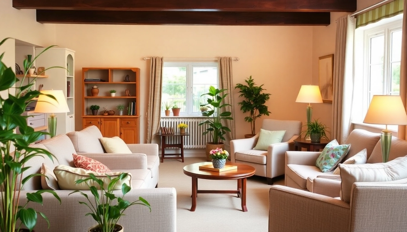 Home care package setup in a cozy living room with warm lighting and inviting decor.