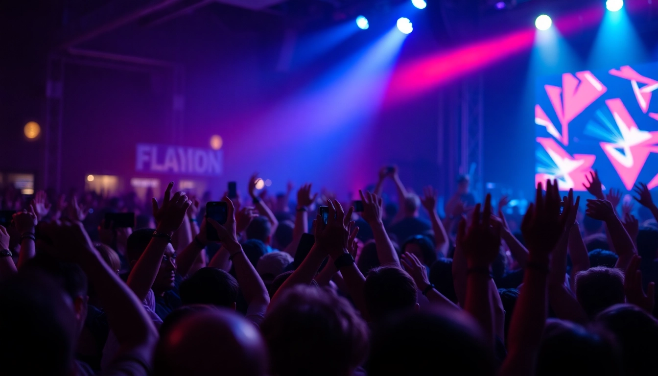 Live Music Fans enjoying a vibrant concert atmosphere with colorful lights and energy.