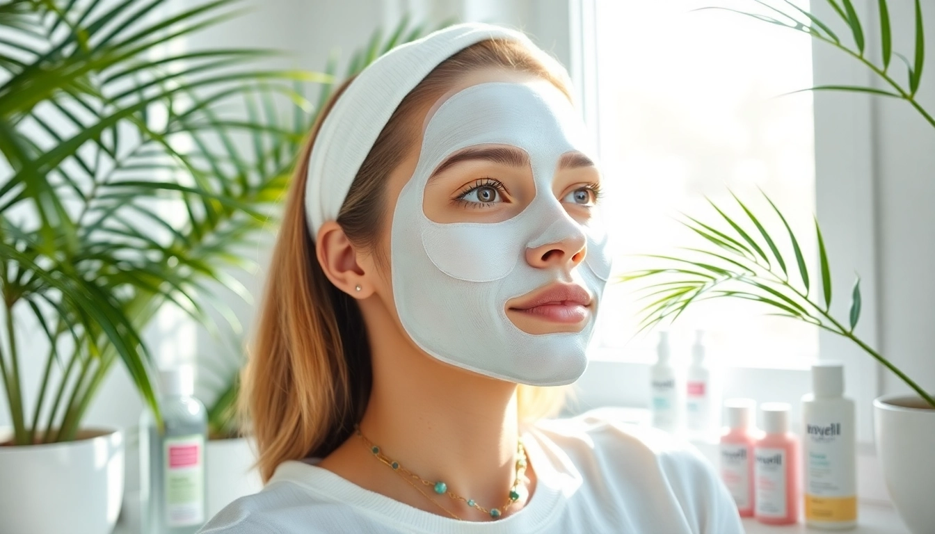 Woman rejuvenating her skin with a hydrating sheet mask surrounded by natural skincare products.