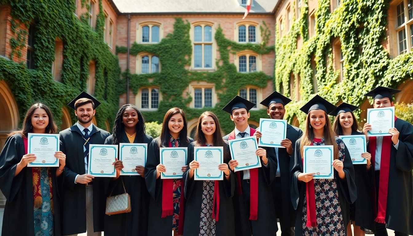 Showcasing graduates proudly holding their original university degree UK in a vibrant university setting.