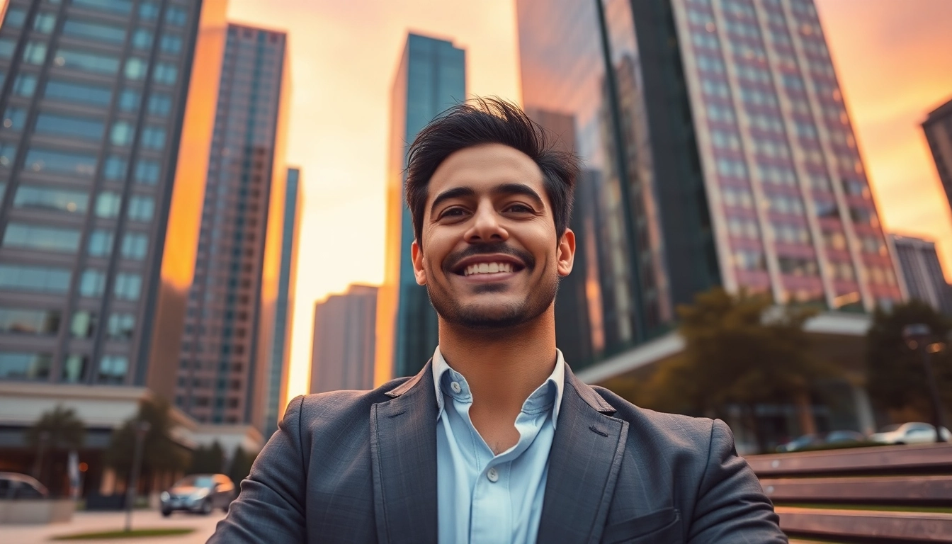 Captivating based chad deso figure exuding confidence in an urban sunset backdrop.