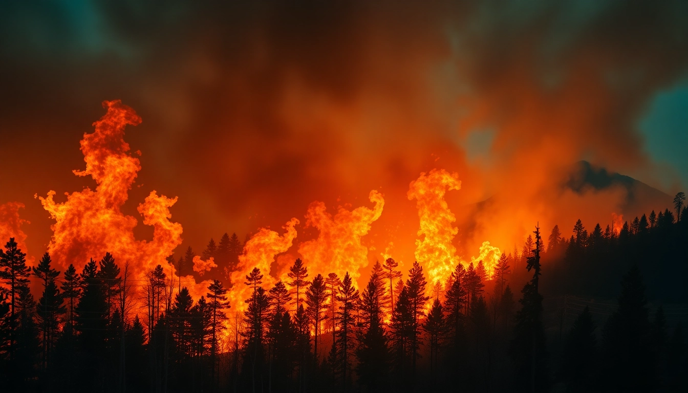 Witness active wildfire events as firefighters combat flames in a forest landscape.