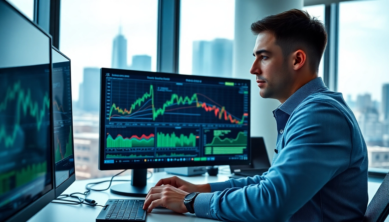 Analyze trade futures data with a trader in a modern financial office.