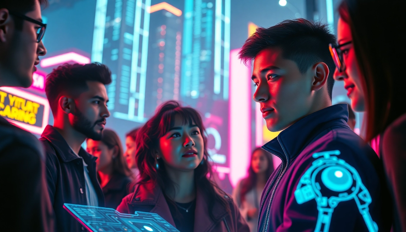 Engaging with character AI in a vibrant cyberpunk environment featuring dynamic holographic interfaces.