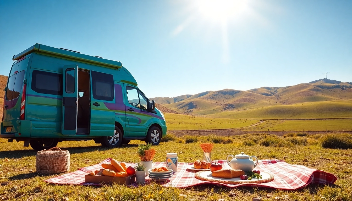 View a stunning perfect campervan parked in nature, included with a picnic setup, highlighting adventure.