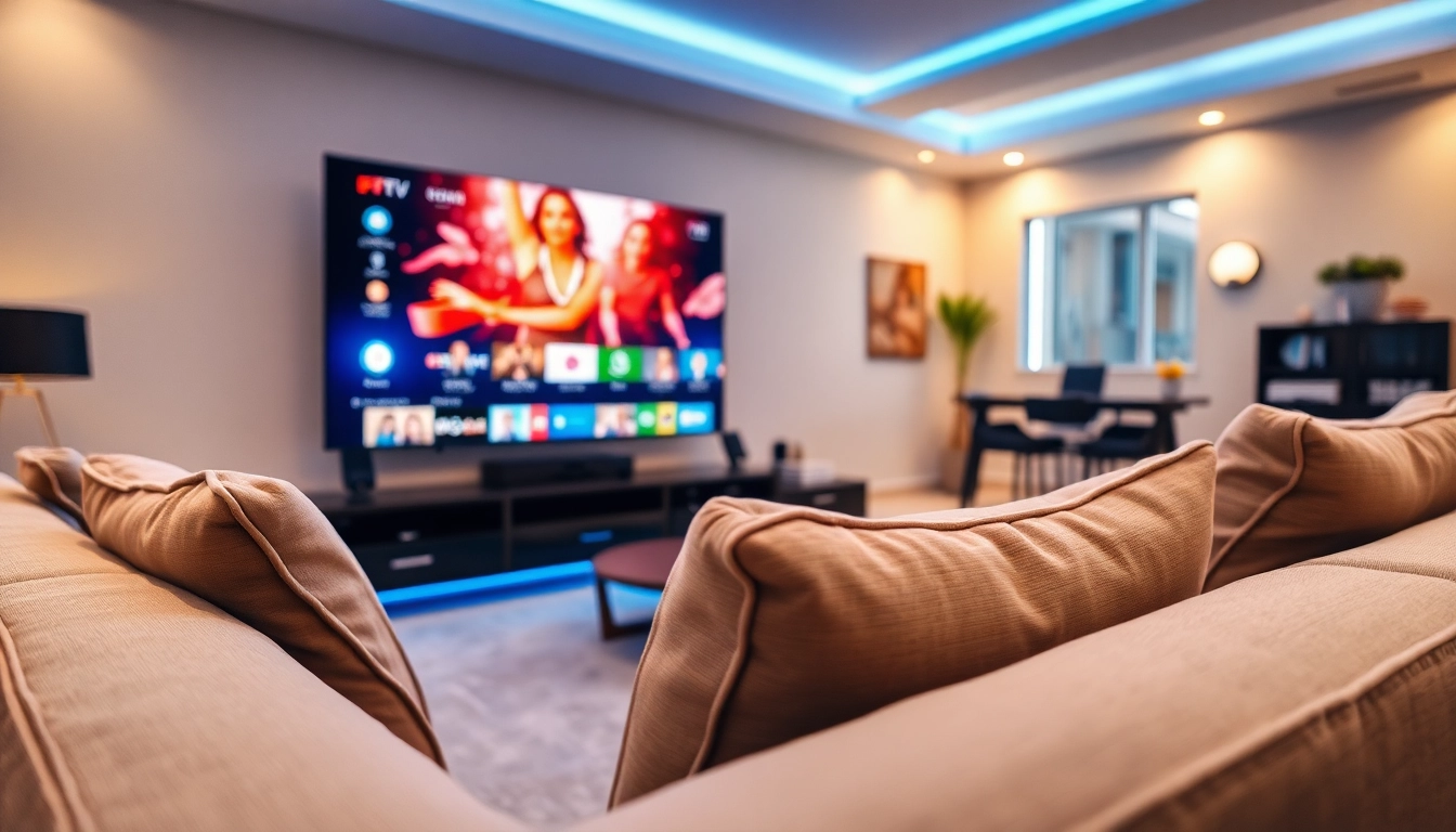 Experience IPTV Subscription USA in a modern living room setup with vibrant channels on a large TV.