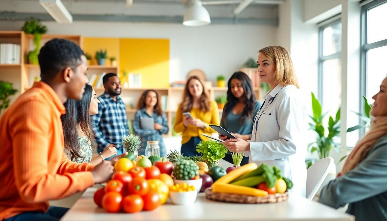 Engaging holistic nutrition certification discussion with a professional nutritionist and diverse clients.