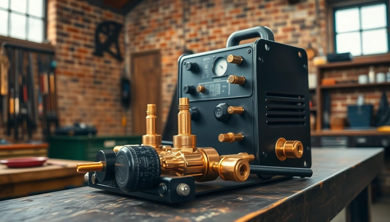 Examine the oxy acetylene welding kit on a workshop bench, showcasing its detailed brass features and industrial setting.