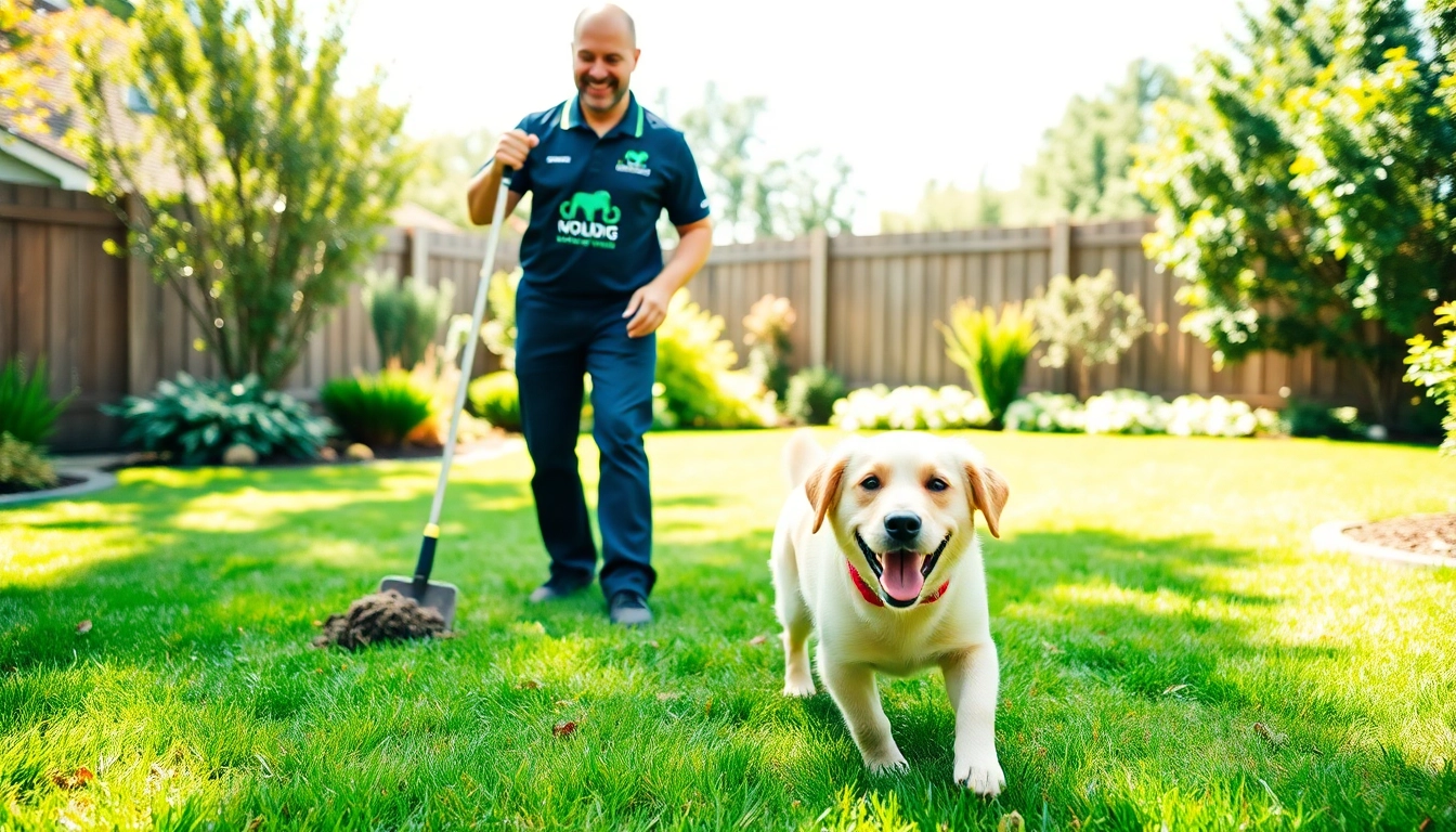 Experts providing dog poop cleaning service in a beautiful garden setting with a playful dog.