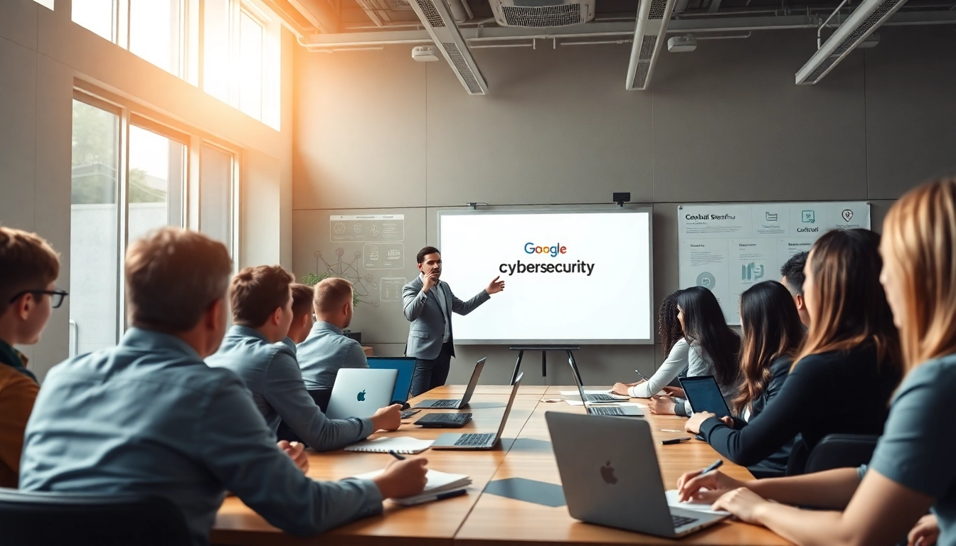 Engaged professionals studying for the google cybersecurity certification in a modern classroom.