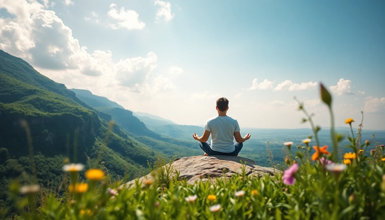 Meditating individual on a cliff symbolizes dealing with stress and finding peace in nature.