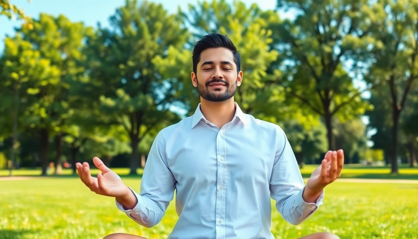 Practicing methods for dealing with stress in a peaceful outdoor setting.