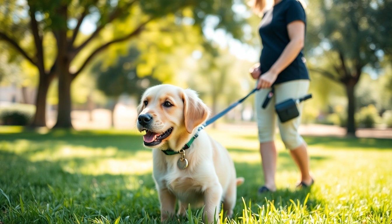 Engaging dog training session in Irvine featuring a golden retriever puppy and a trainer.