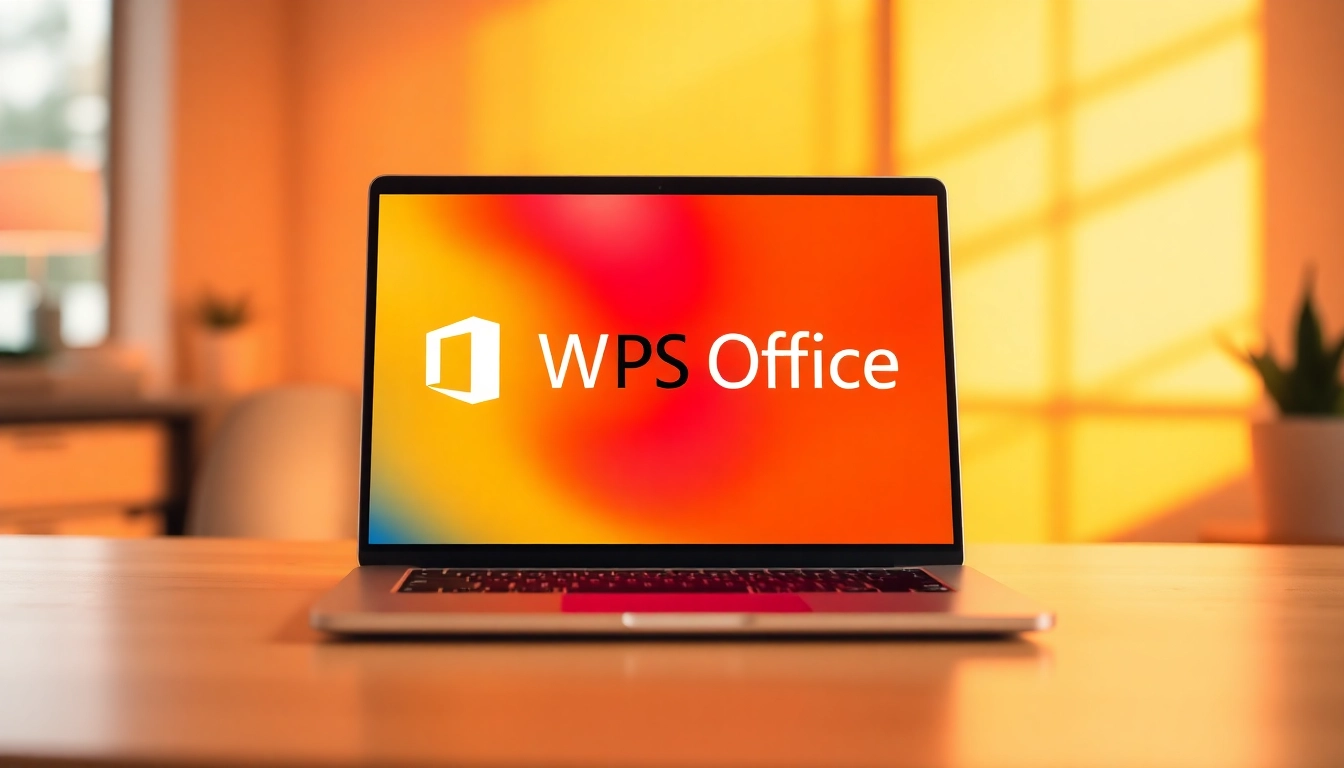 Download WPS Office下载 software interface on a sleek laptop in a professional setting.