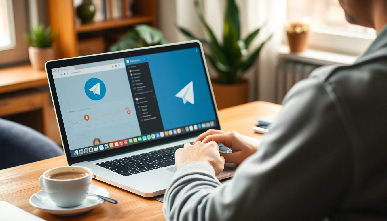 Engage with telegram电脑版中文 on a modern laptop in a productive workspace.