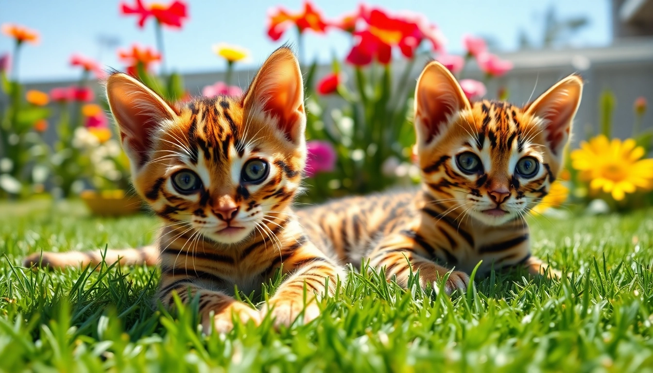 Bengal Breeders Orange County kittens playfully interacting in a sunny backyard setting.