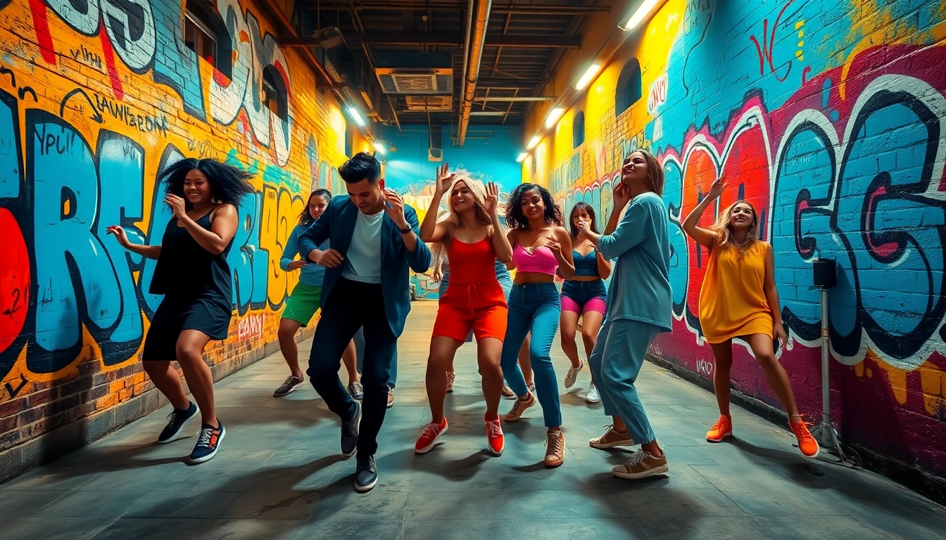 Dancers showcasing energetic house moves in an urban environment with vibrant colors and dynamic poses.