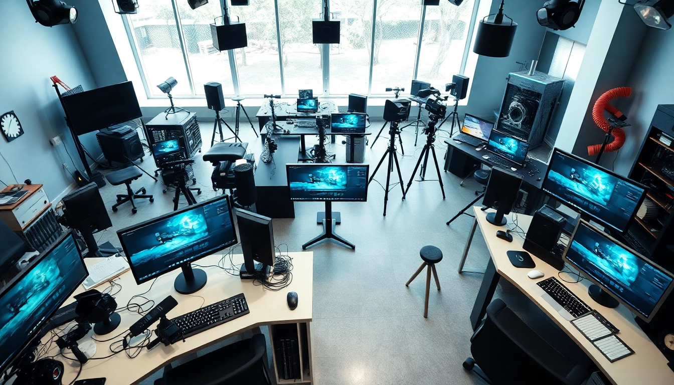 Editing & Post-Production setup showing busy workspace with editing software and professional tools.