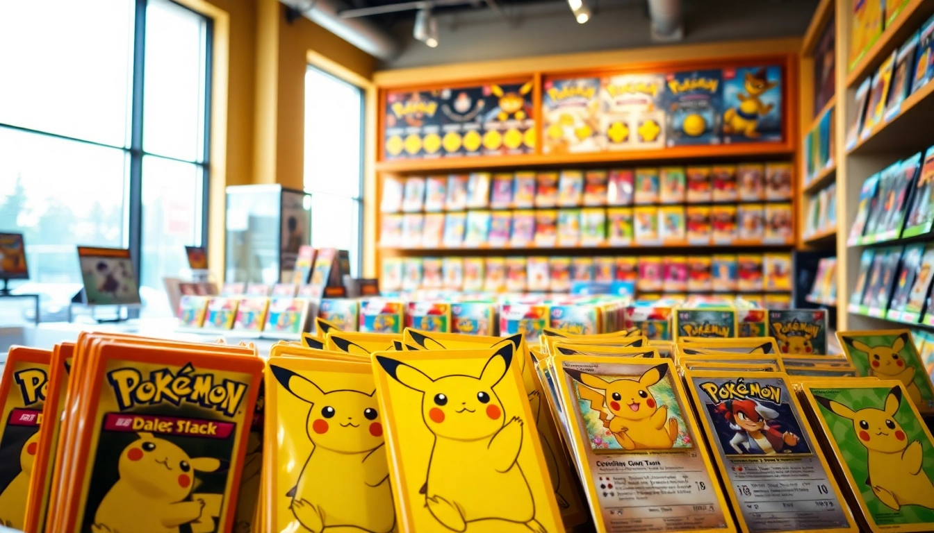 Discovering real pokemon cards india displayed in a vibrant gaming shop setting.