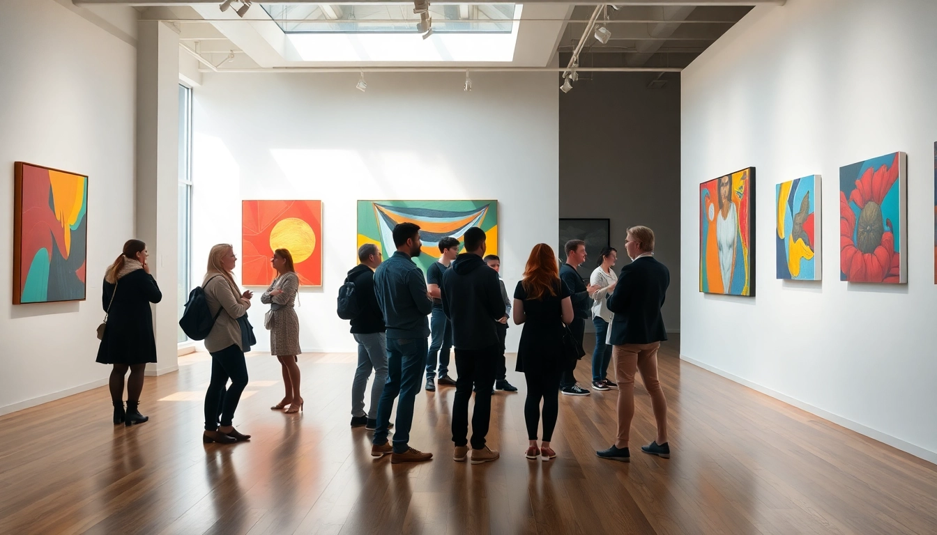Visitors exploring in lieu gallery, engaged with captivating art pieces.