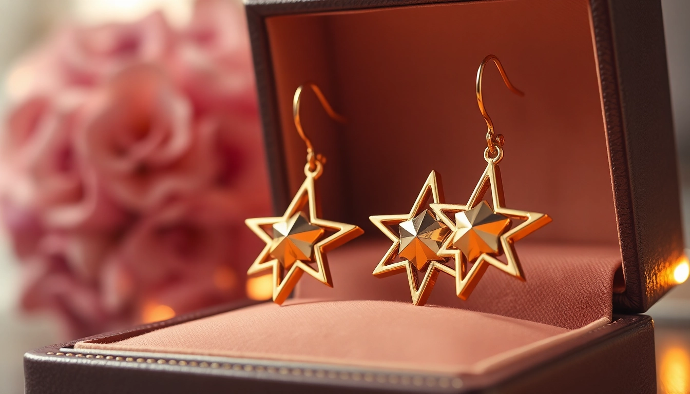 Admire elegant earrings gold stars shining bright in a luxurious setting.