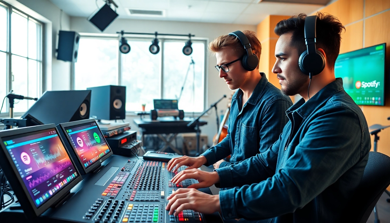 Musicians actively engaged in spotify promotion with vibrant sound equipment in a studio.