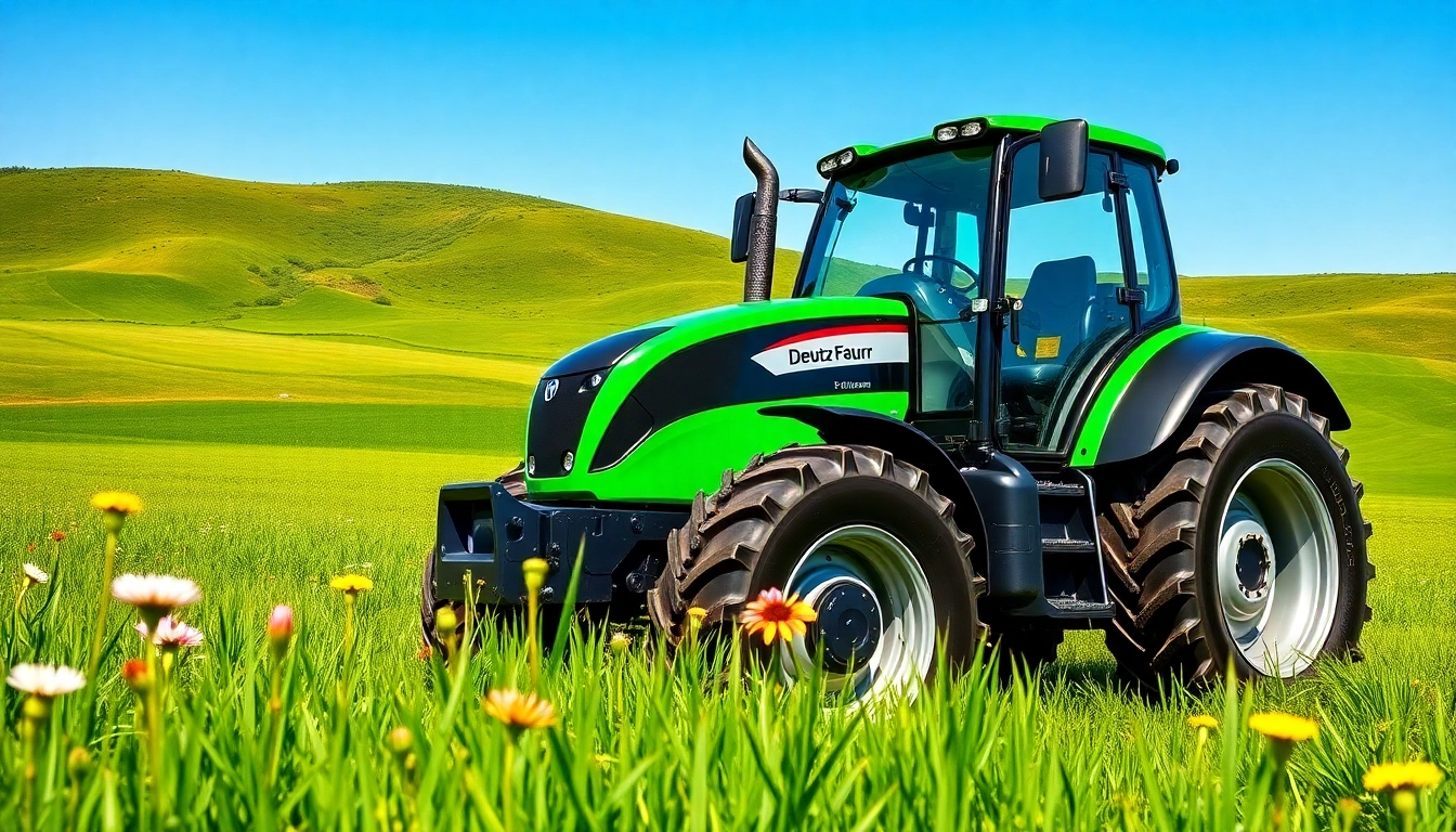 Deutz Fahr Traktor, robust und technologisch fortschrittlich, in grünem Feld positioniert.