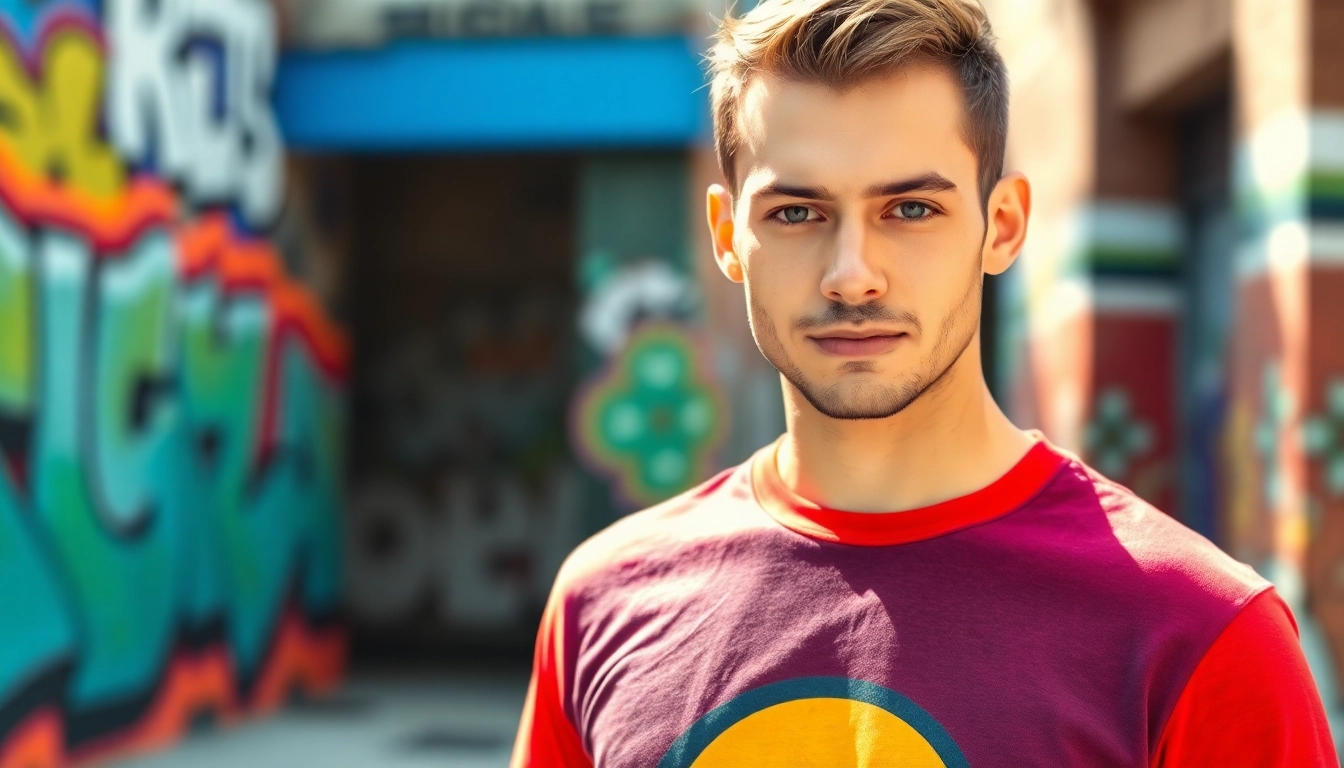 Stylish model showcasing a Graphic T-shirt amidst vibrant urban street art.