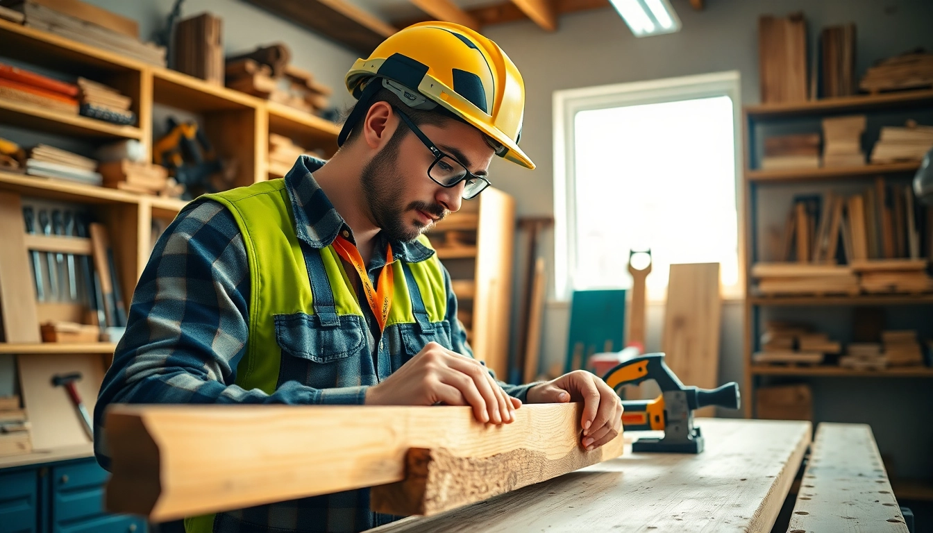 Carpentry apprenticeship near me showcasing a professional carpenter in a bright workshop.