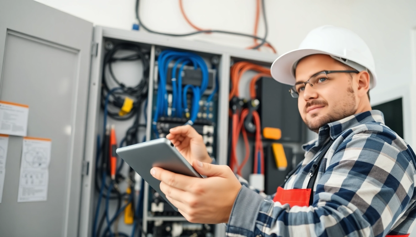 Electrician examining an Electrical Panel with tools, showcasing intricate wiring and organization.