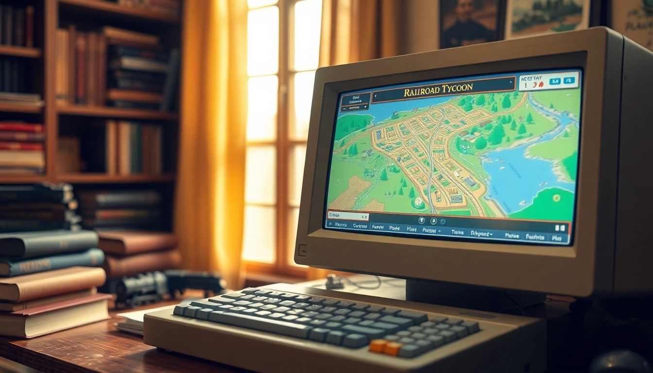 Engaging visual of railroad tycoon download interface with a vintage gaming setup