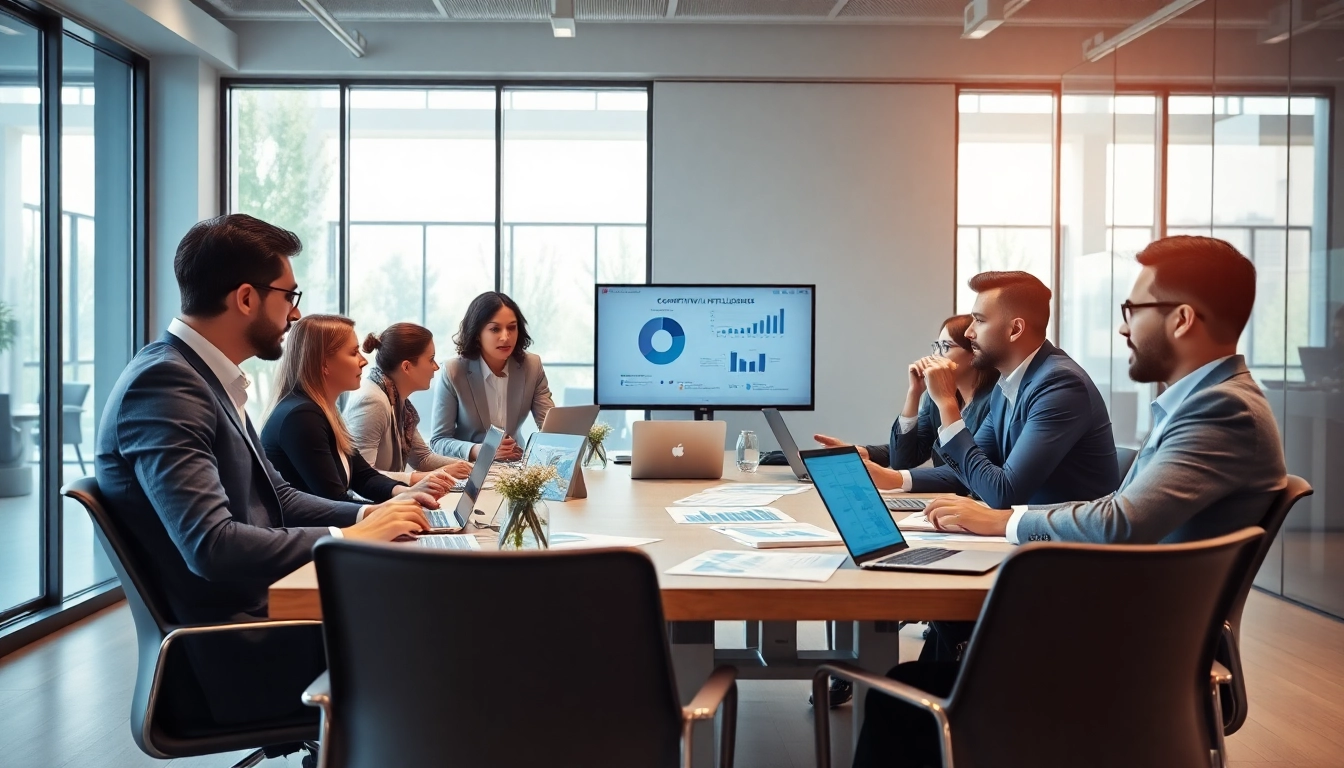 Analyze competitive intelligence strategies in a professional business setting with engaged analysts.
