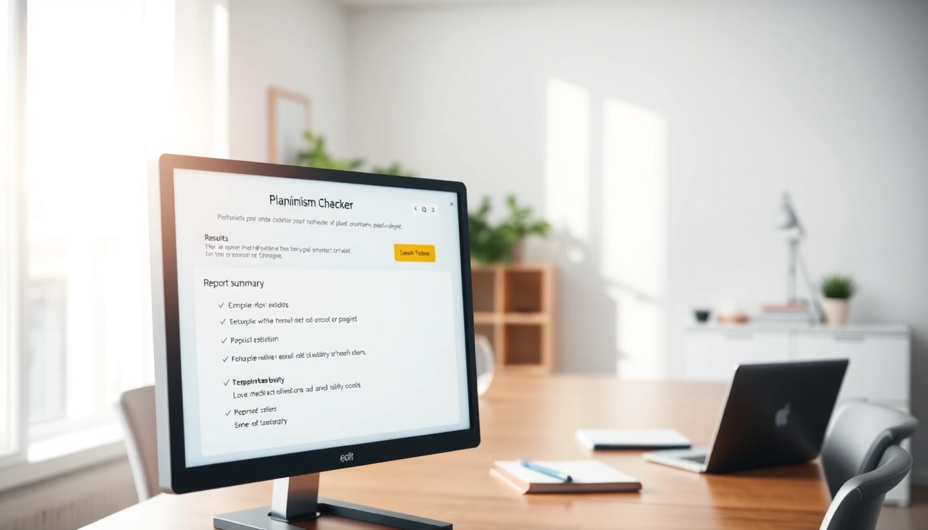 Utilize a plagiarism checker for accurate results displayed on a modern computer in an organized office.