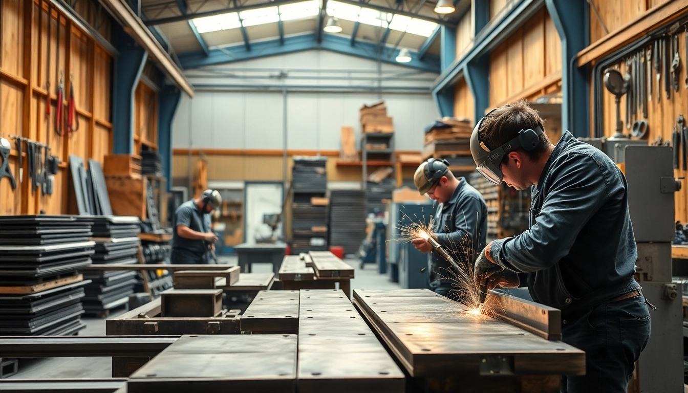 Workers engaged in custom steel fabrication in a well-equipped workshop environment.
