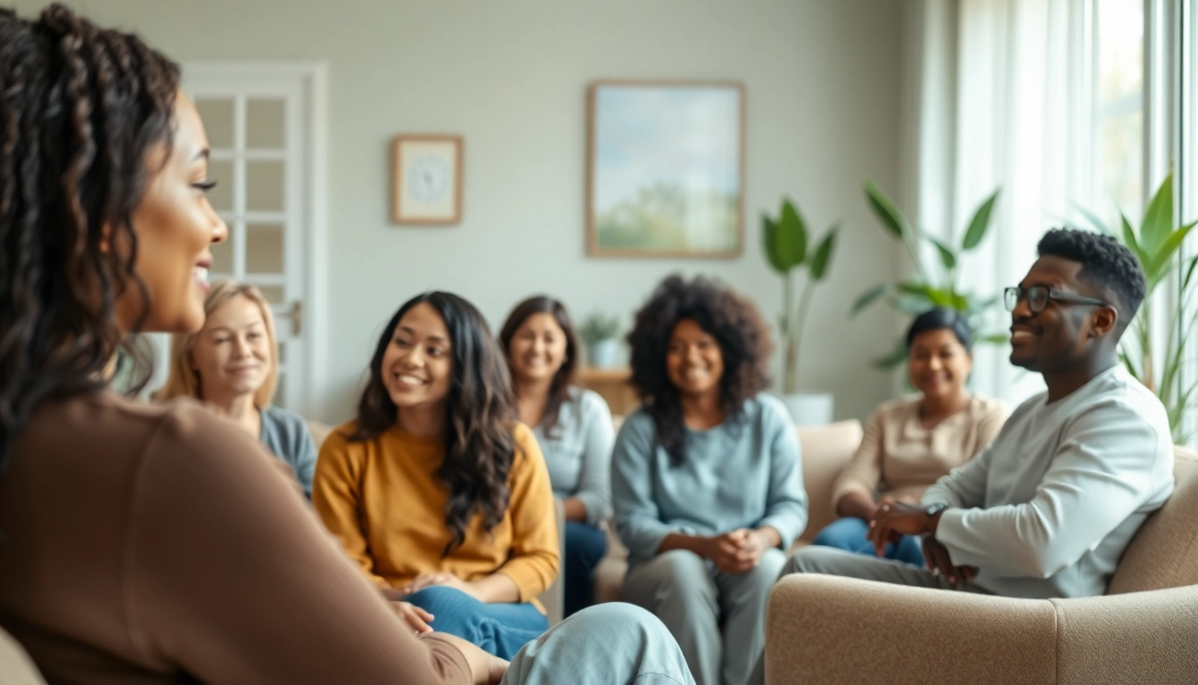 Supportive therapy group addressing anxiety in a calm and inviting setting.