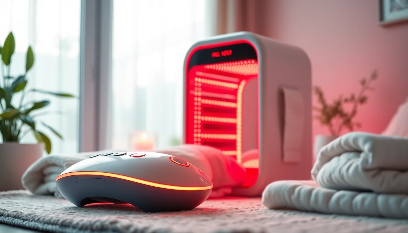Experience full body red lighttherapy at home with a soothing spa setup and therapy device.